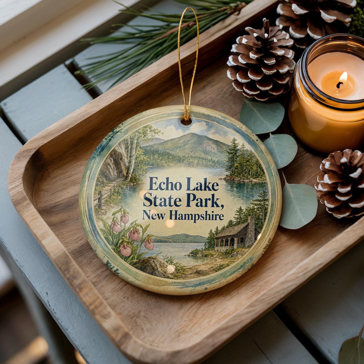 Echo Lake State Park New Hampshire Watercolor Ceramic Ornament, White Mountains Souvenir, NH Travel Gift, Lake & Mountain Keepsake — photo 3
