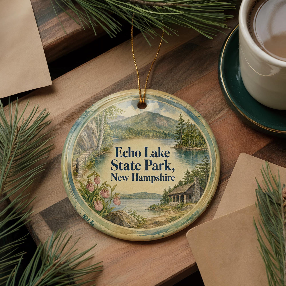 Echo Lake State Park New Hampshire Watercolor Ceramic Ornament, White Mountains Souvenir, NH Travel Gift, Lake & Mountain Keepsake — photo 5