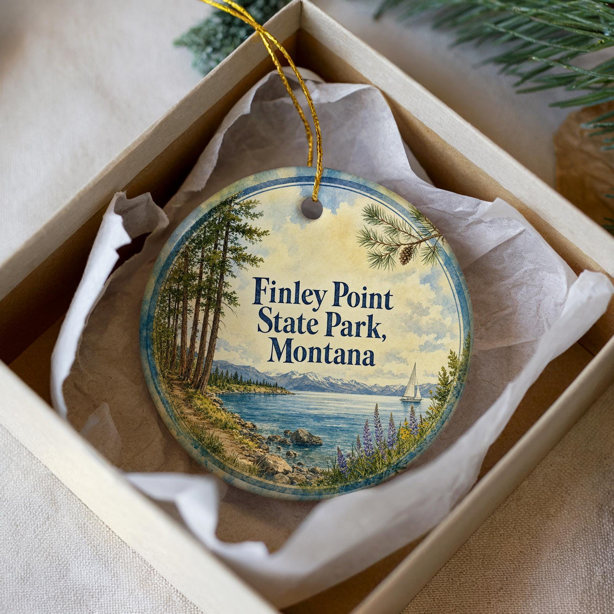 Finley Point State Park Montana Watercolor Ceramic Ornament, Flathead Lake Travel Souvenir, Montana State Park Keepsake — photo 3