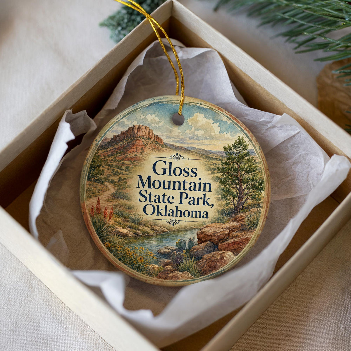 Gloss Mountain State Park Oklahoma Watercolor Ceramic Ornament, Scenic Oklahoma Landmark Souvenir Keepsake Gift — photo 1