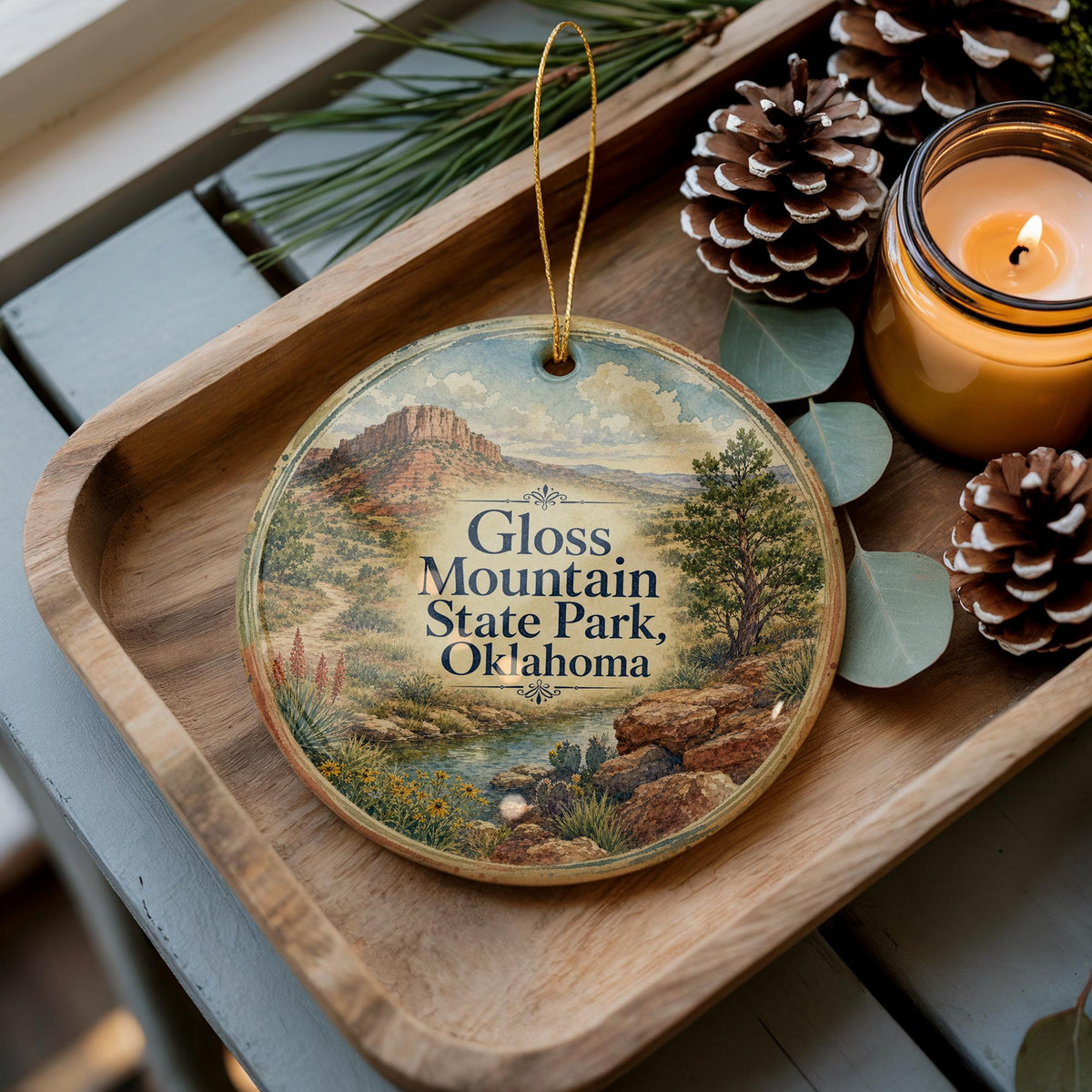 Gloss Mountain State Park Oklahoma Watercolor Ceramic Ornament, Scenic Oklahoma Landmark Souvenir Keepsake Gift — photo 2