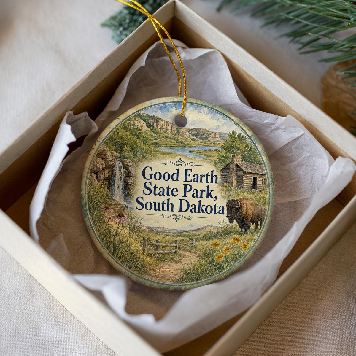 Good Earth State Park South Dakota Watercolor Ceramic Ornament, Sioux Falls Nature Park Travel Souvenir Keepsake Gift — photo 1