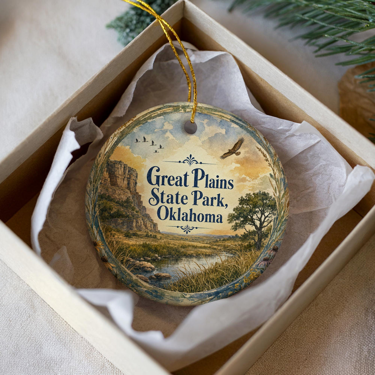 Watercolor Great Plains State Park Oklahoma Ceramic Ornament, State Park Souvenir, Travel Keepsake, Oklahoma Gift — photo 1