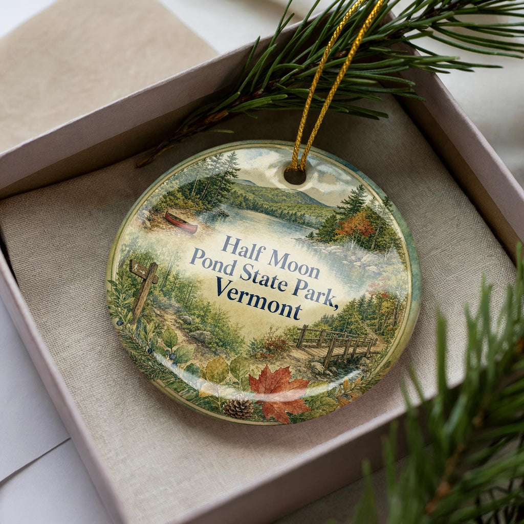 Half Moon Pond State Park Vermont Watercolor Ceramic Ornament, Vermont State Park Souvenir, Half Moon Pond Keepsake Gift — photo 1