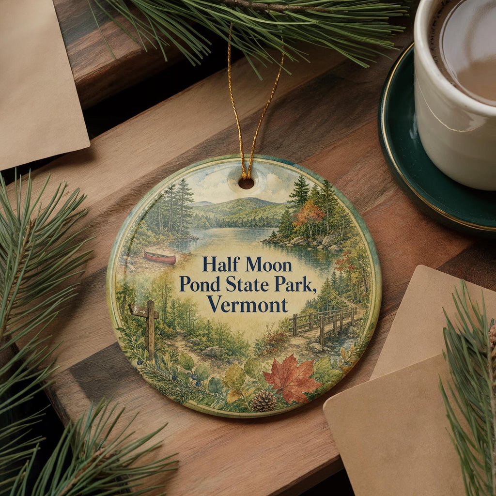 Half Moon Pond State Park Vermont Watercolor Ceramic Ornament, Vermont State Park Souvenir, Half Moon Pond Keepsake Gift — photo 5