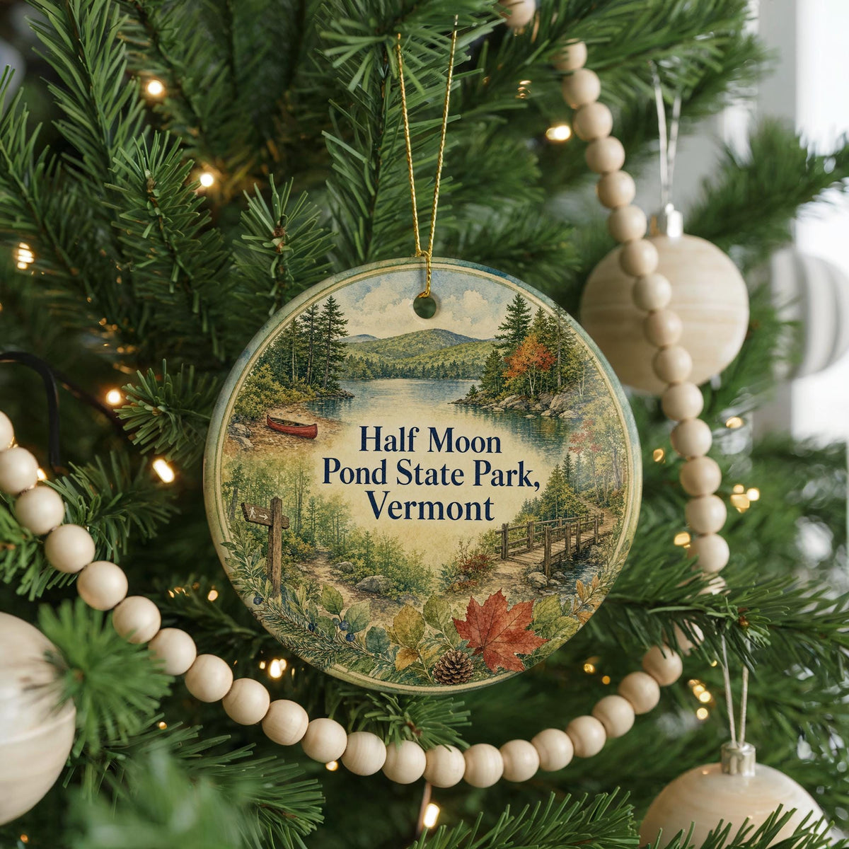 Half Moon Pond State Park Vermont Watercolor Ceramic Ornament, Vermont State Park Souvenir, Half Moon Pond Keepsake Gift — photo 6