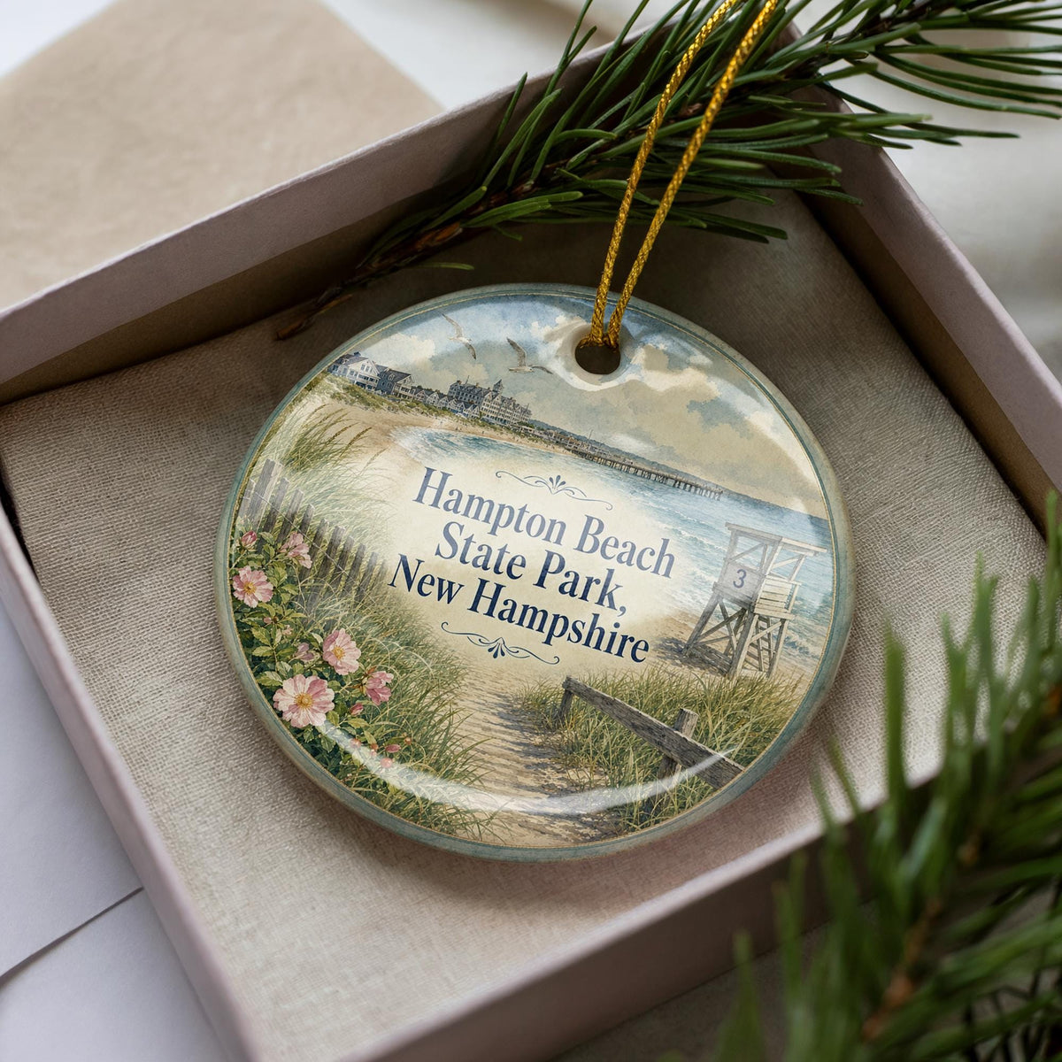 Hampton Beach State Park New Hampshire Watercolor Ceramic Ornament, Coastal Beach Souvenir, NH Travel Keepsake Gift — photo 1