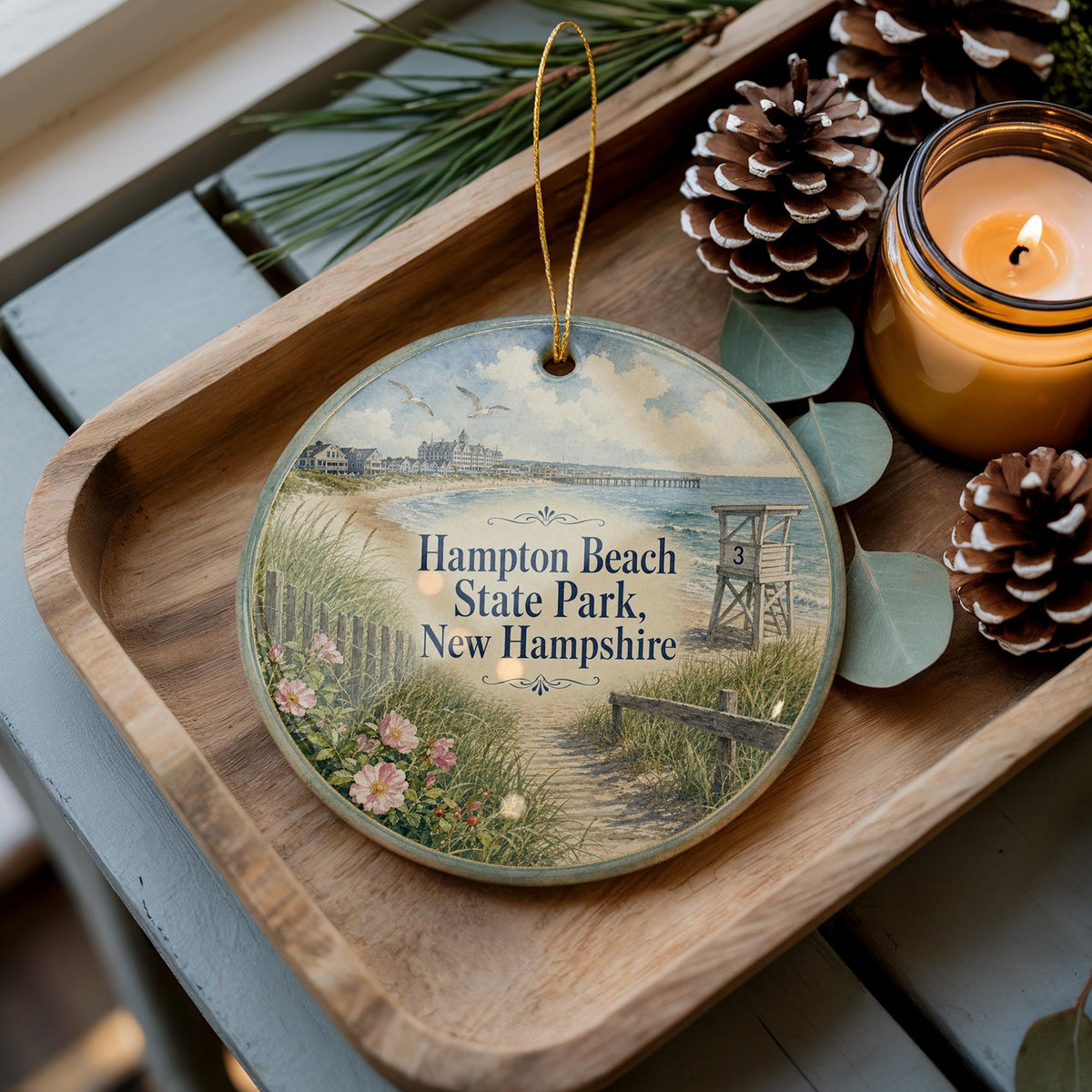 Hampton Beach State Park New Hampshire Watercolor Ceramic Ornament, Coastal Beach Souvenir, NH Travel Keepsake Gift — photo 2