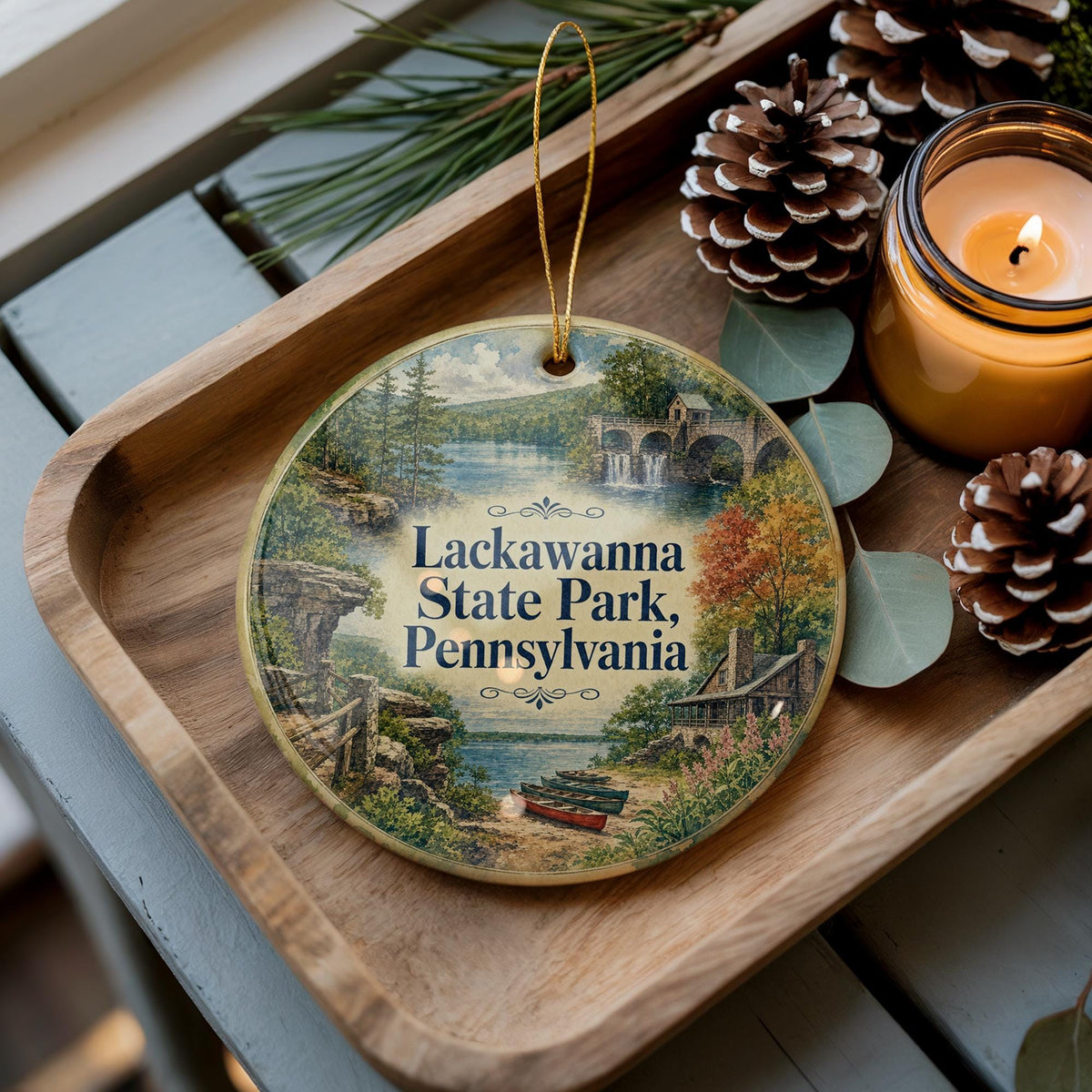 Lackawanna State Park Pennsylvania Watercolor Ceramic Ornament, Lake and Forest Scenic Souvenir Keepsake Gift — photo 1