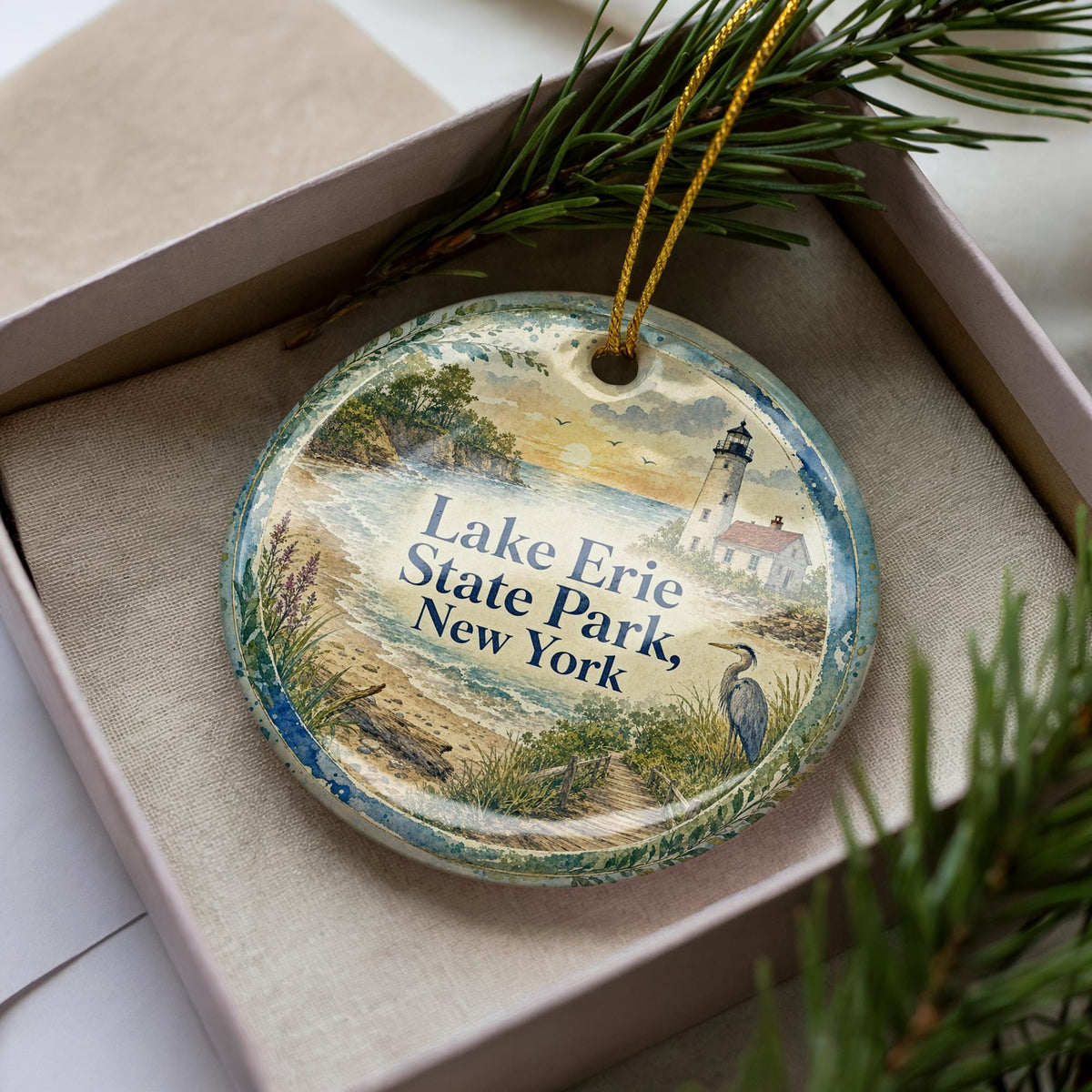 Lake Erie State Park New York Watercolor Ceramic Ornament, Lake Erie Shoreline Souvenir, Chautauqua County NY Gift — photo 3