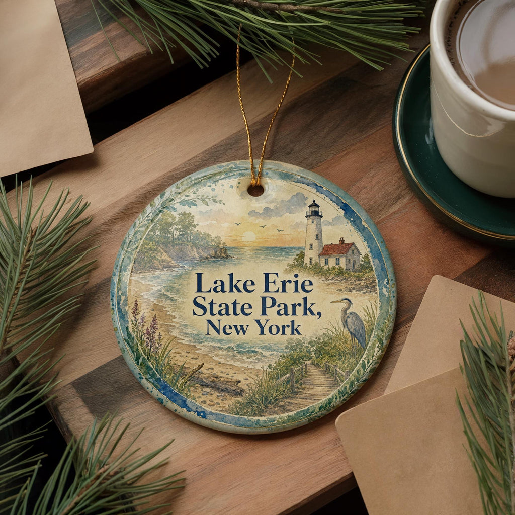 Lake Erie State Park New York Watercolor Ceramic Ornament, Lake Erie Shoreline Souvenir, Chautauqua County NY Gift — photo 5