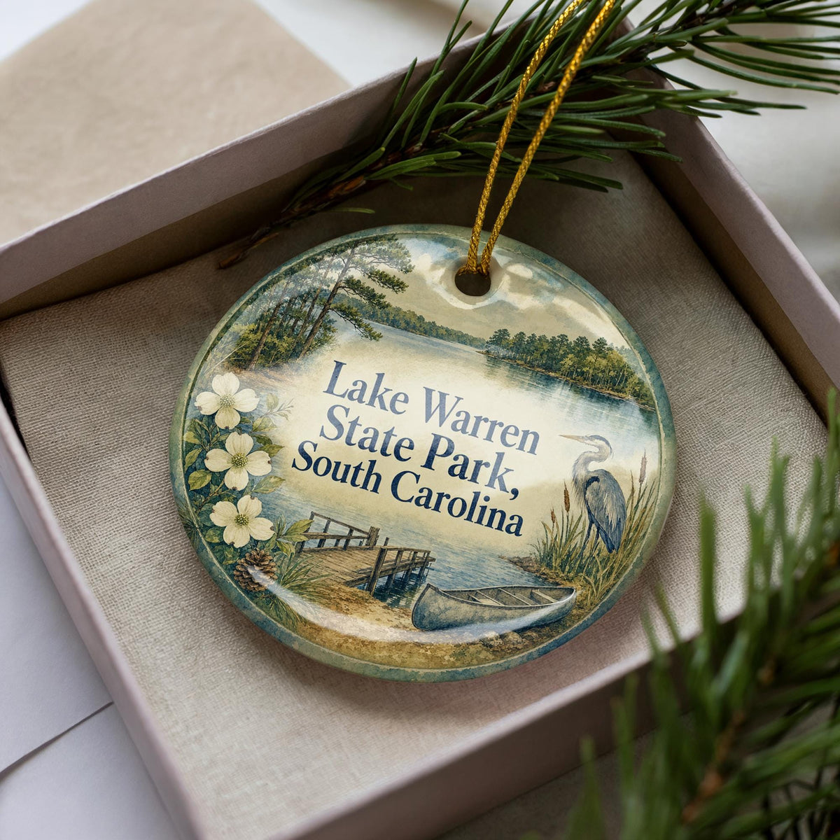 Lake Warren State Park South Carolina Watercolor Ceramic Ornament, Lake Scene Souvenir, Nature Travel Keepsake Decoration — photo 3