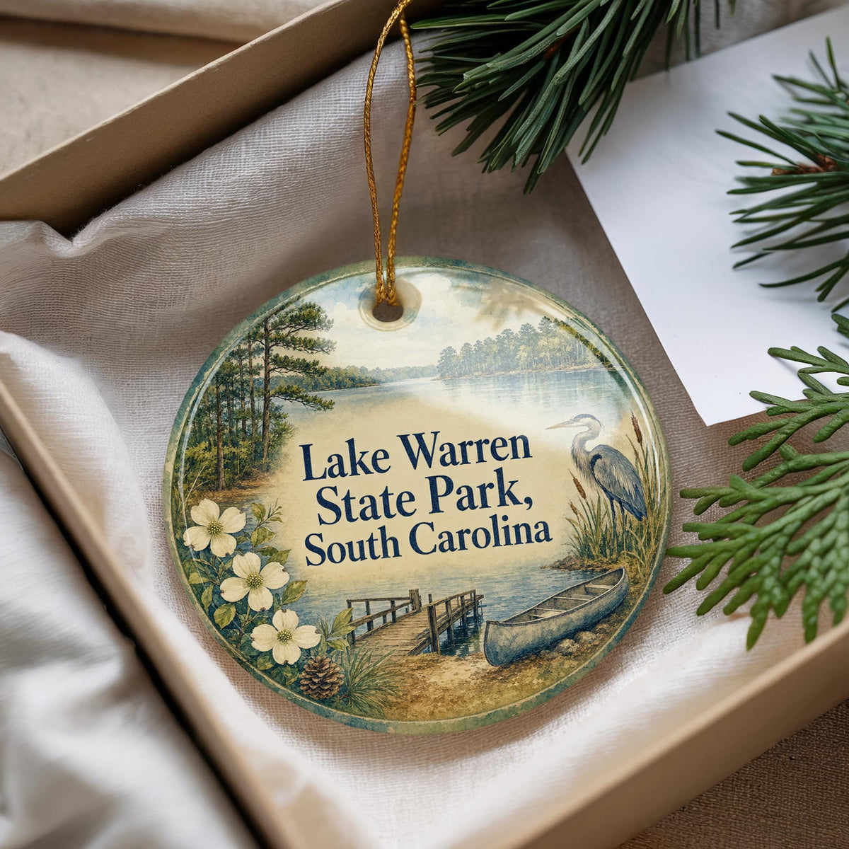 Lake Warren State Park South Carolina Watercolor Ceramic Ornament, Lake Scene Souvenir, Nature Travel Keepsake Decoration — photo 4