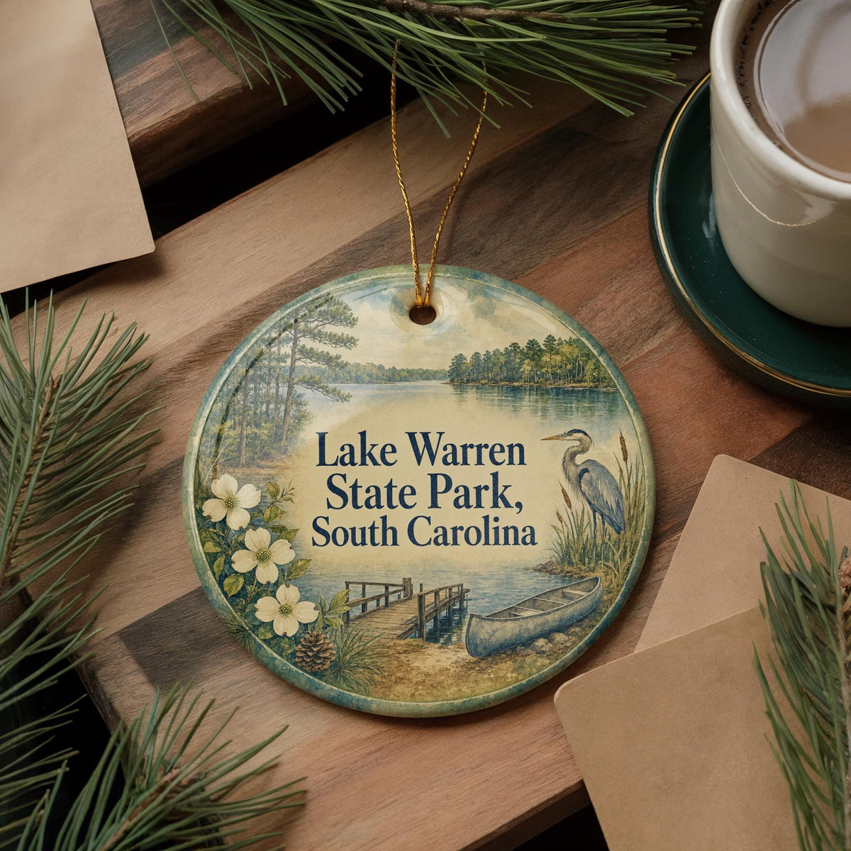 Lake Warren State Park South Carolina Watercolor Ceramic Ornament, Lake Scene Souvenir, Nature Travel Keepsake Decoration — photo 5