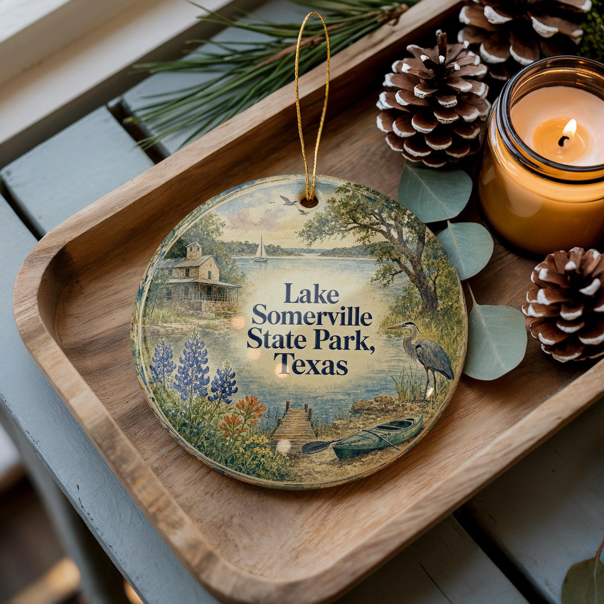 Lake Somerville State Park Texas Watercolor Ceramic Ornament, Texas State Park Souvenir, Camping Lake Nature Keepsake Gift — photo 2