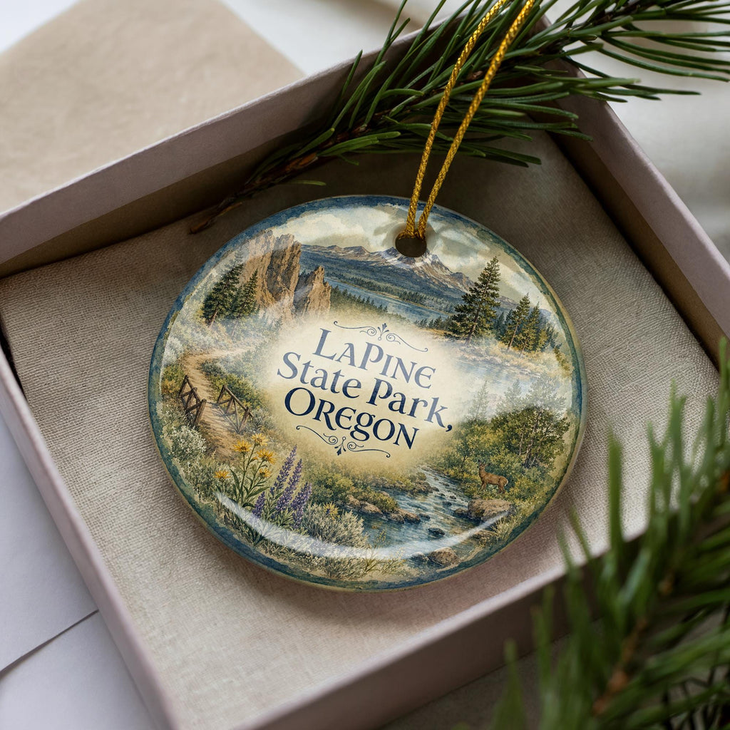 LaPine State Park Oregon Watercolor Ceramic Ornament, Central Oregon Nature Souvenir, Pine Forest River Outdoor Adventure Keepsake — photo 3
