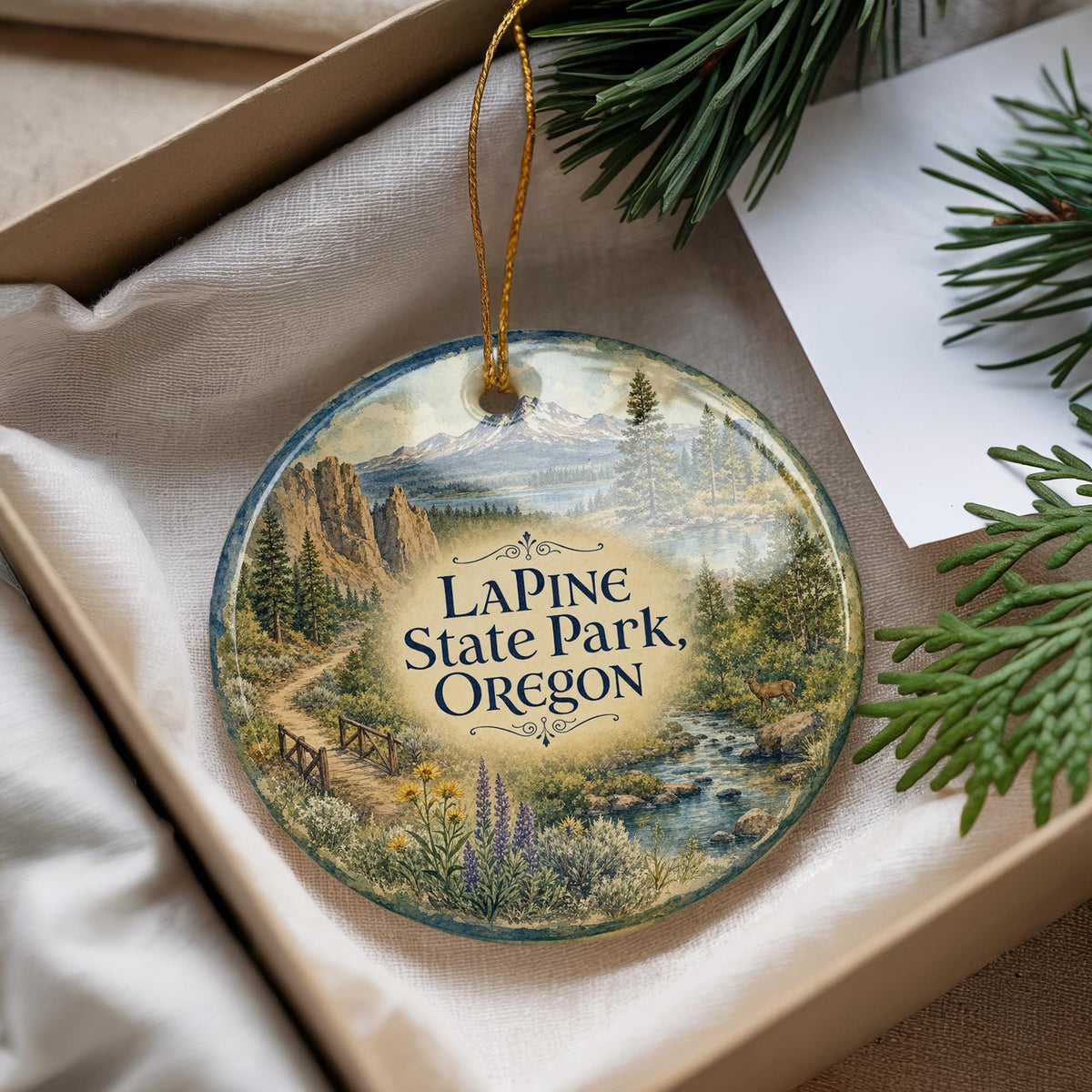 LaPine State Park Oregon Watercolor Ceramic Ornament, Central Oregon Nature Souvenir, Pine Forest River Outdoor Adventure Keepsake — photo 4
