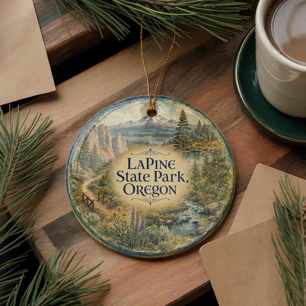 LaPine State Park Oregon Watercolor Ceramic Ornament, Central Oregon Nature Souvenir, Pine Forest River Outdoor Adventure Keepsake — photo 5