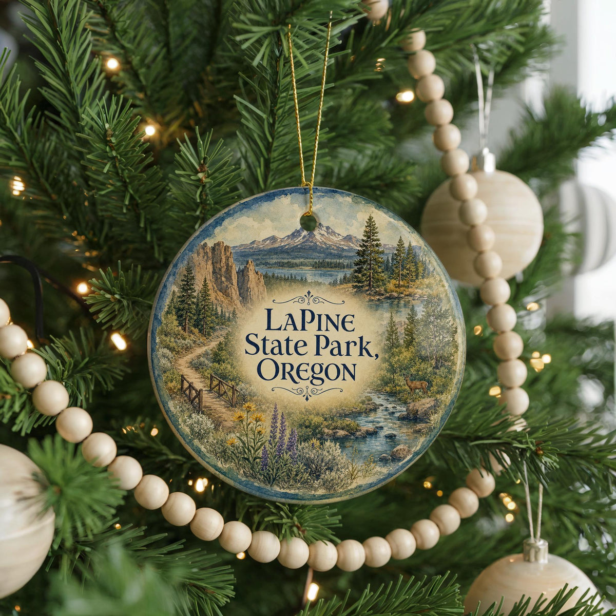 LaPine State Park Oregon Watercolor Ceramic Ornament, Central Oregon Nature Souvenir, Pine Forest River Outdoor Adventure Keepsake — photo 6