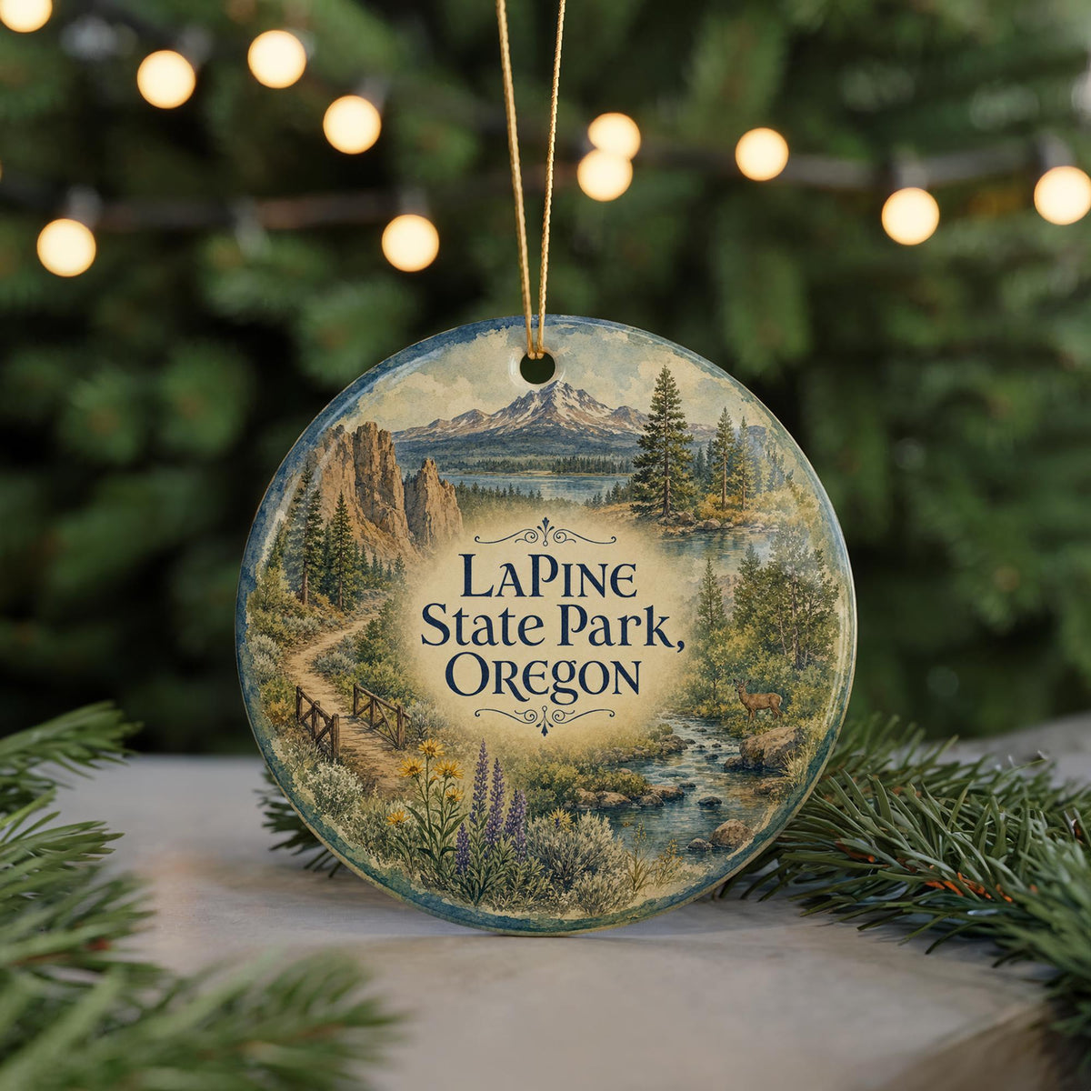 LaPine State Park Oregon Watercolor Ceramic Ornament, Central Oregon Nature Souvenir, Pine Forest River Outdoor Adventure Keepsake — photo 7