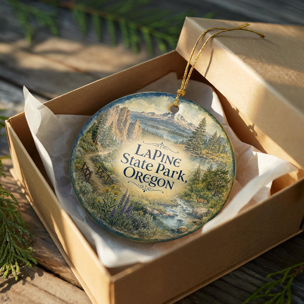 LaPine State Park Oregon Watercolor Ceramic Ornament, Central Oregon Nature Souvenir, Pine Forest River Outdoor Adventure Keepsake — photo 8
