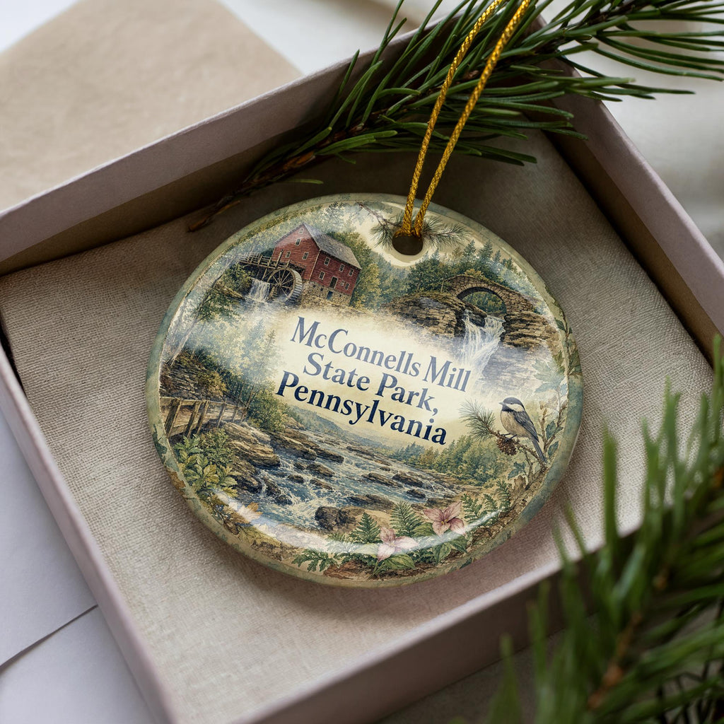 McConnells Mill State Park Pennsylvania Watercolor Ceramic Ornament, Slippery Rock Creek Covered Bridge Souvenir Gift — photo 2