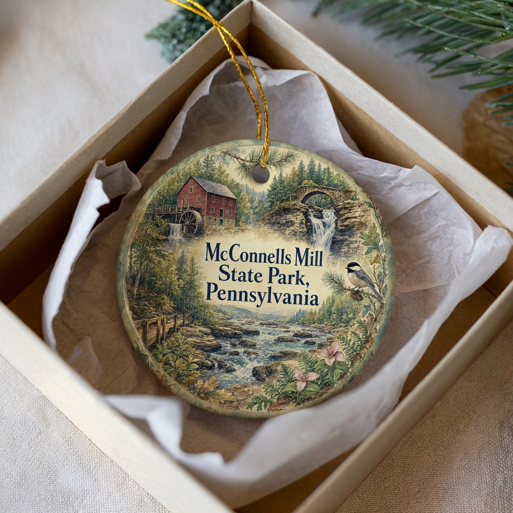 McConnells Mill State Park Pennsylvania Watercolor Ceramic Ornament, Slippery Rock Creek Covered Bridge Souvenir Gift — photo 3
