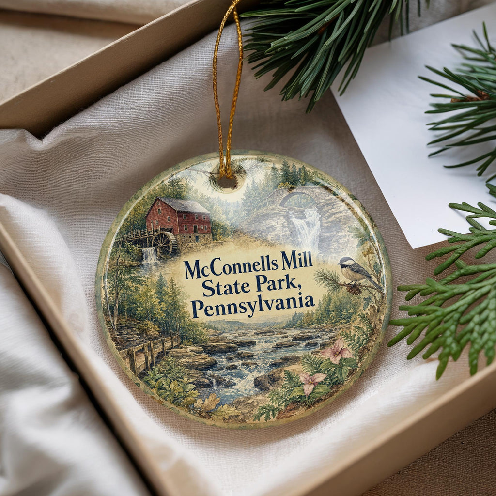 McConnells Mill State Park Pennsylvania Watercolor Ceramic Ornament, Slippery Rock Creek Covered Bridge Souvenir Gift — photo 4