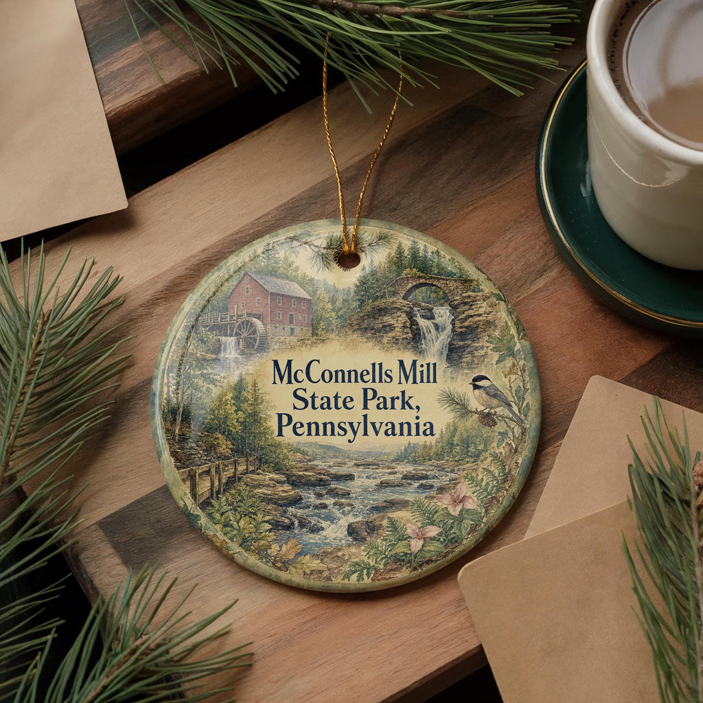 McConnells Mill State Park Pennsylvania Watercolor Ceramic Ornament, Slippery Rock Creek Covered Bridge Souvenir Gift — photo 5