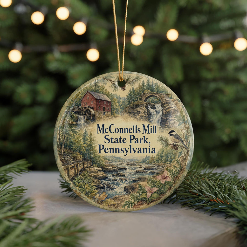McConnells Mill State Park Pennsylvania Watercolor Ceramic Ornament, Slippery Rock Creek Covered Bridge Souvenir Gift — photo 7
