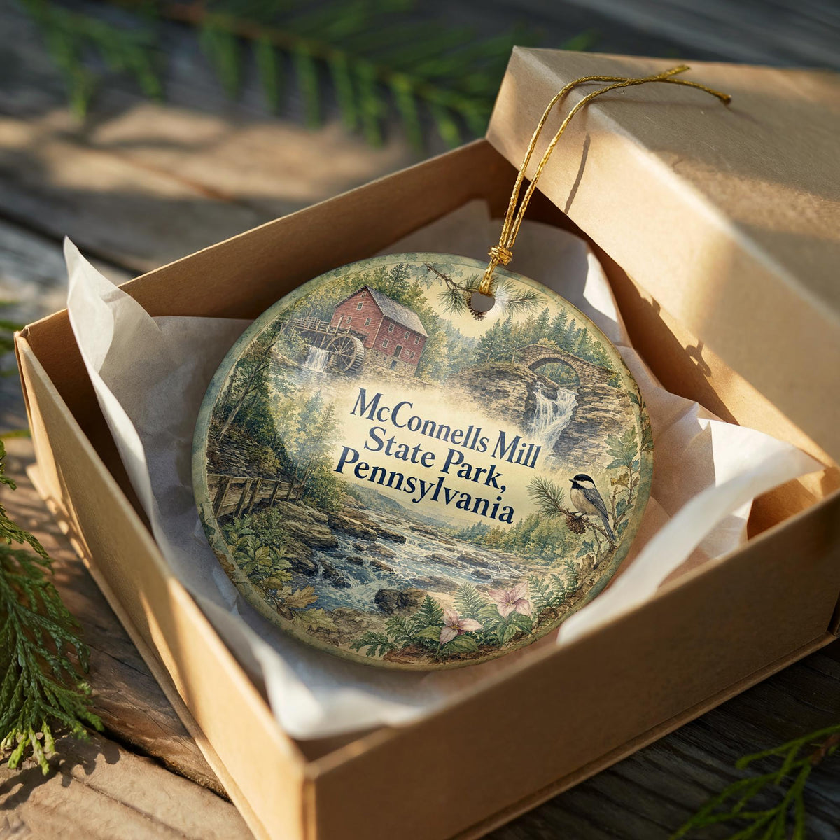 McConnells Mill State Park Pennsylvania Watercolor Ceramic Ornament, Slippery Rock Creek Covered Bridge Souvenir Gift — photo 8