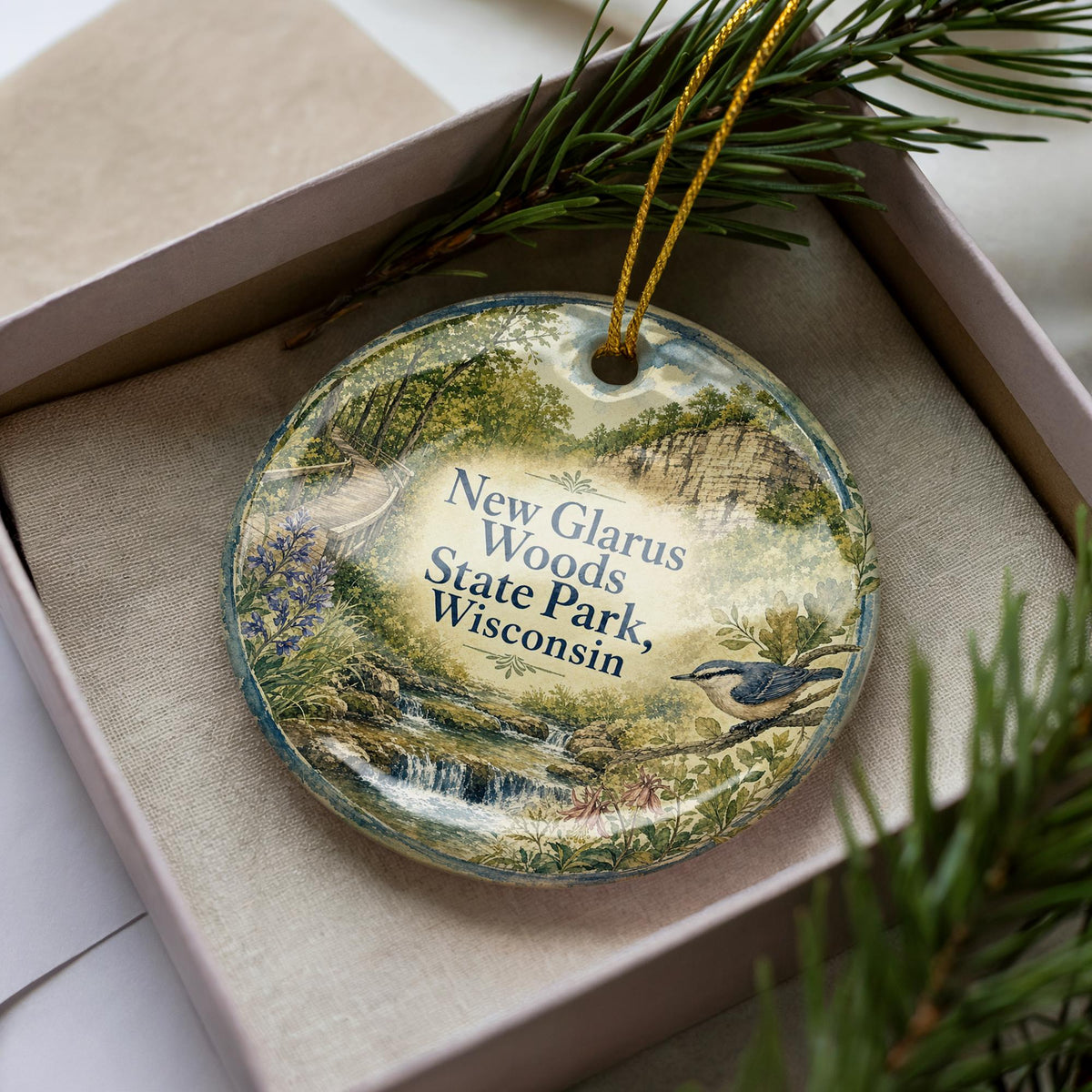 New Glarus Woods State Park Wisconsin Watercolor Ceramic Ornament, New Glarus WI Travel Souvenir Keepsake Gift — photo 1