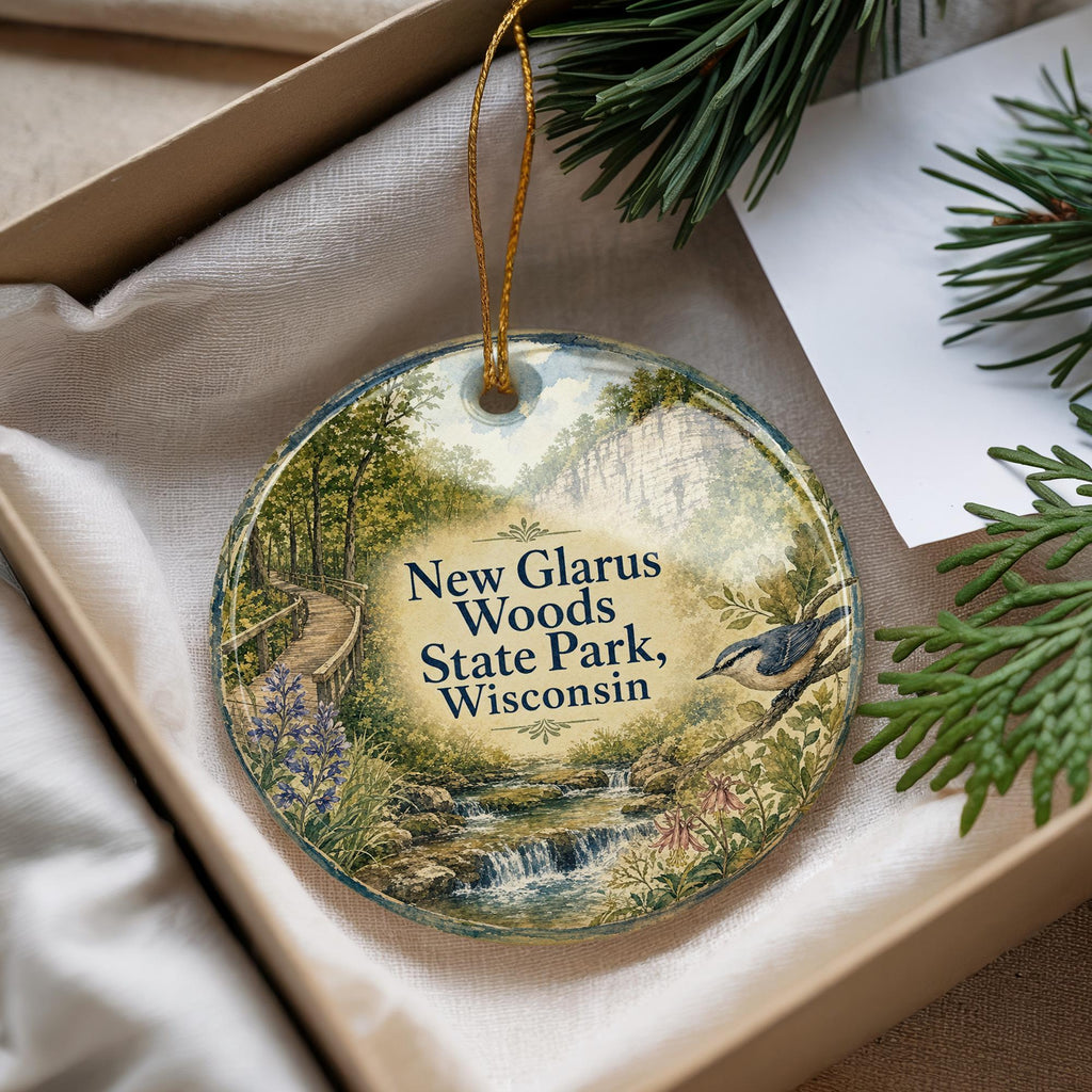New Glarus Woods State Park Wisconsin Watercolor Ceramic Ornament, New Glarus WI Travel Souvenir Keepsake Gift — photo 4