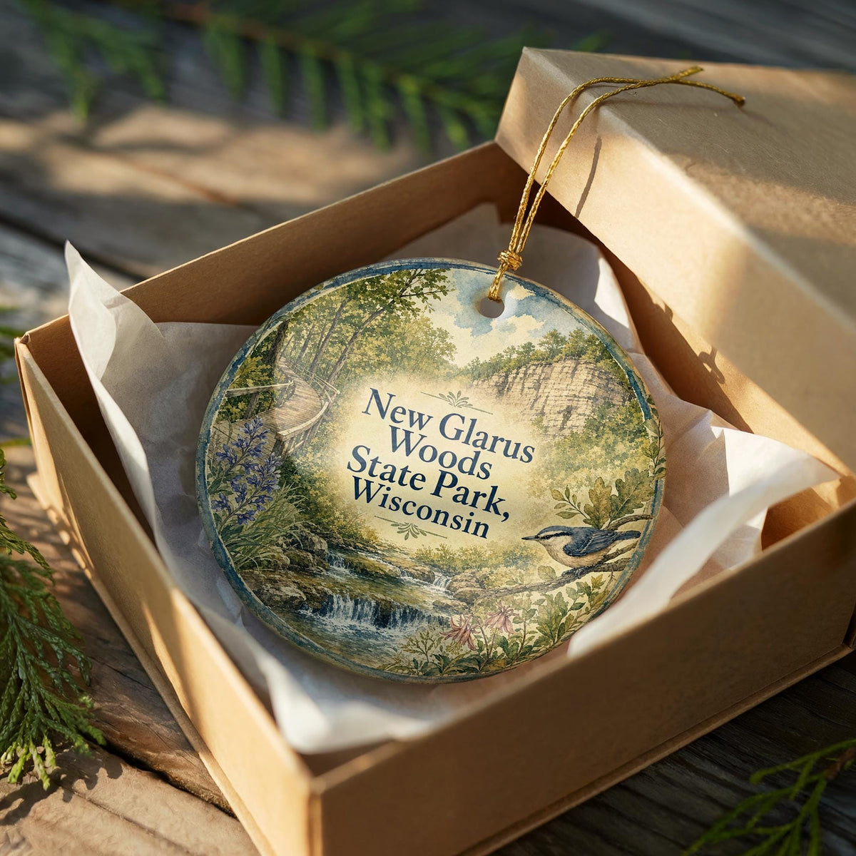 New Glarus Woods State Park Wisconsin Watercolor Ceramic Ornament, New Glarus WI Travel Souvenir Keepsake Gift — photo 8