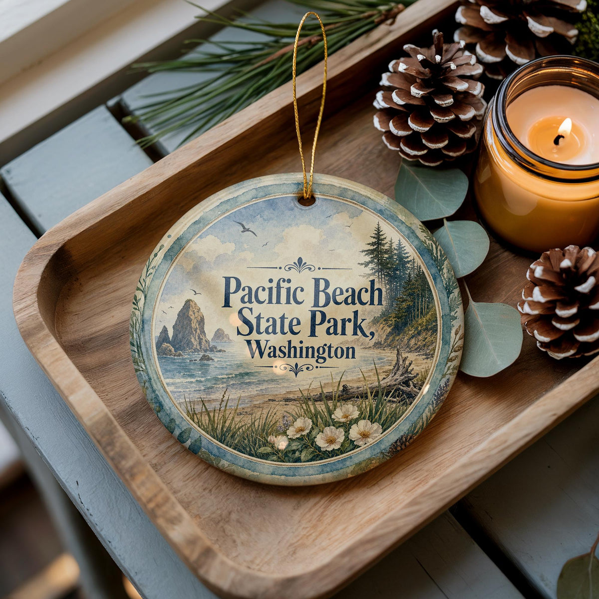 Pacific Beach State Park Washington Watercolor Ceramic Ornament, Coastal Beach Scene Souvenir, Pacific Northwest Travel Gift — photo 1