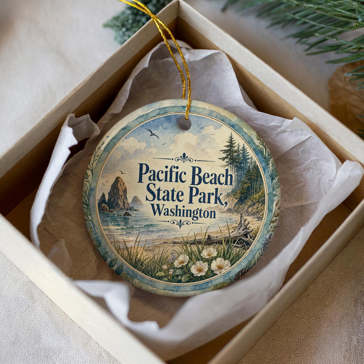 Pacific Beach State Park Washington Watercolor Ceramic Ornament, Coastal Beach Scene Souvenir, Pacific Northwest Travel Gift — photo 2