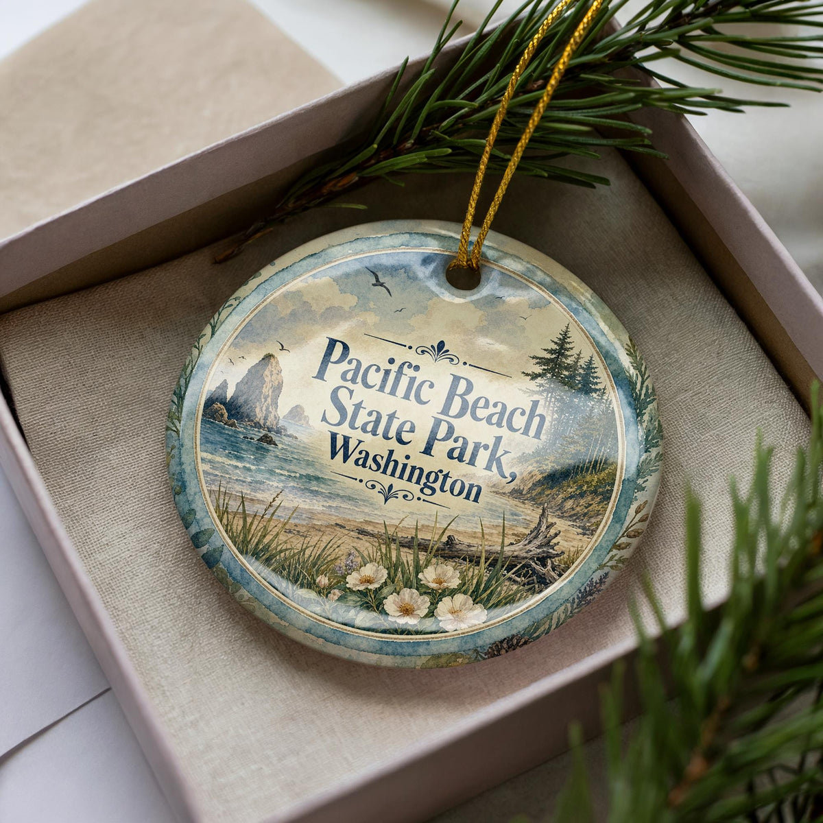 Pacific Beach State Park Washington Watercolor Ceramic Ornament, Coastal Beach Scene Souvenir, Pacific Northwest Travel Gift — photo 3