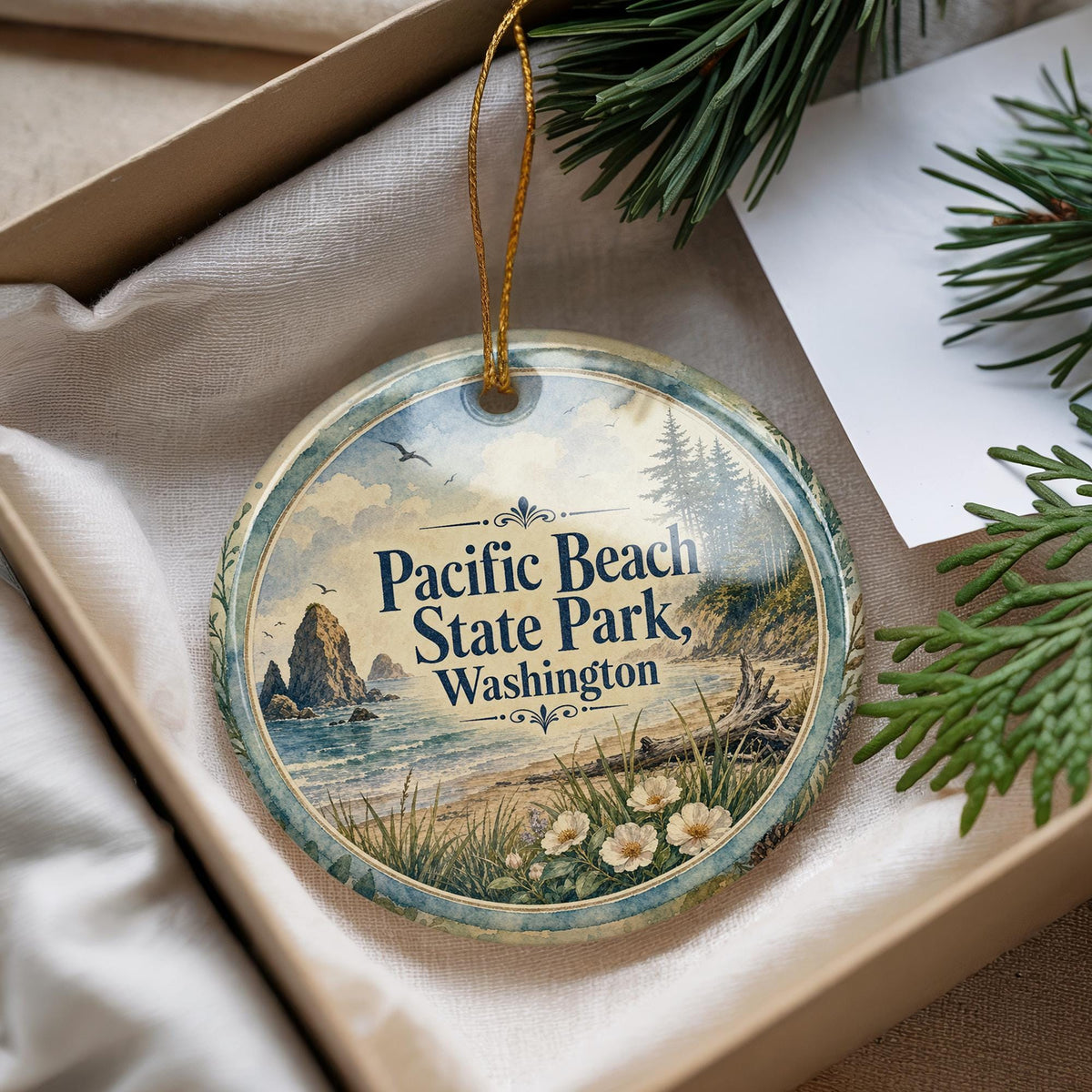 Pacific Beach State Park Washington Watercolor Ceramic Ornament, Coastal Beach Scene Souvenir, Pacific Northwest Travel Gift — photo 4