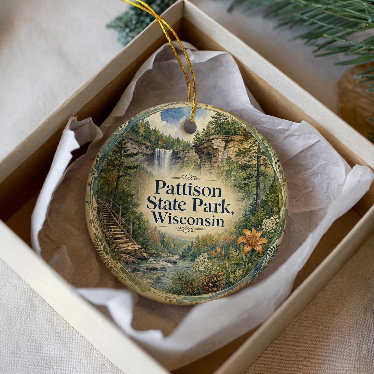 Pattison State Park Wisconsin Watercolor Ceramic Ornament, Superior Area Nature Landmark Souvenir Gift — photo 3