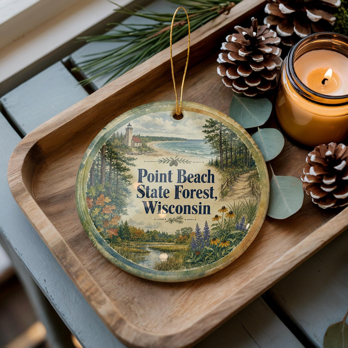 Point Beach State Forest Wisconsin Ceramic Ornament, Watercolor Nature Park Souvenir, Lake Michigan Coastal Forest Keepsake — photo 3