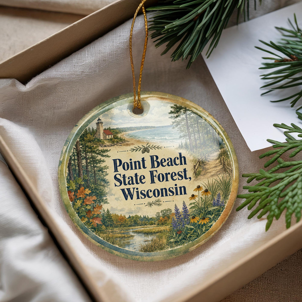 Point Beach State Forest Wisconsin Ceramic Ornament, Watercolor Nature Park Souvenir, Lake Michigan Coastal Forest Keepsake — photo 4