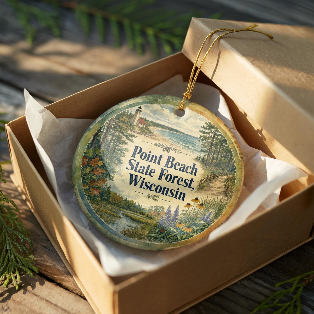 Point Beach State Forest Wisconsin Ceramic Ornament, Watercolor Nature Park Souvenir, Lake Michigan Coastal Forest Keepsake — photo 8