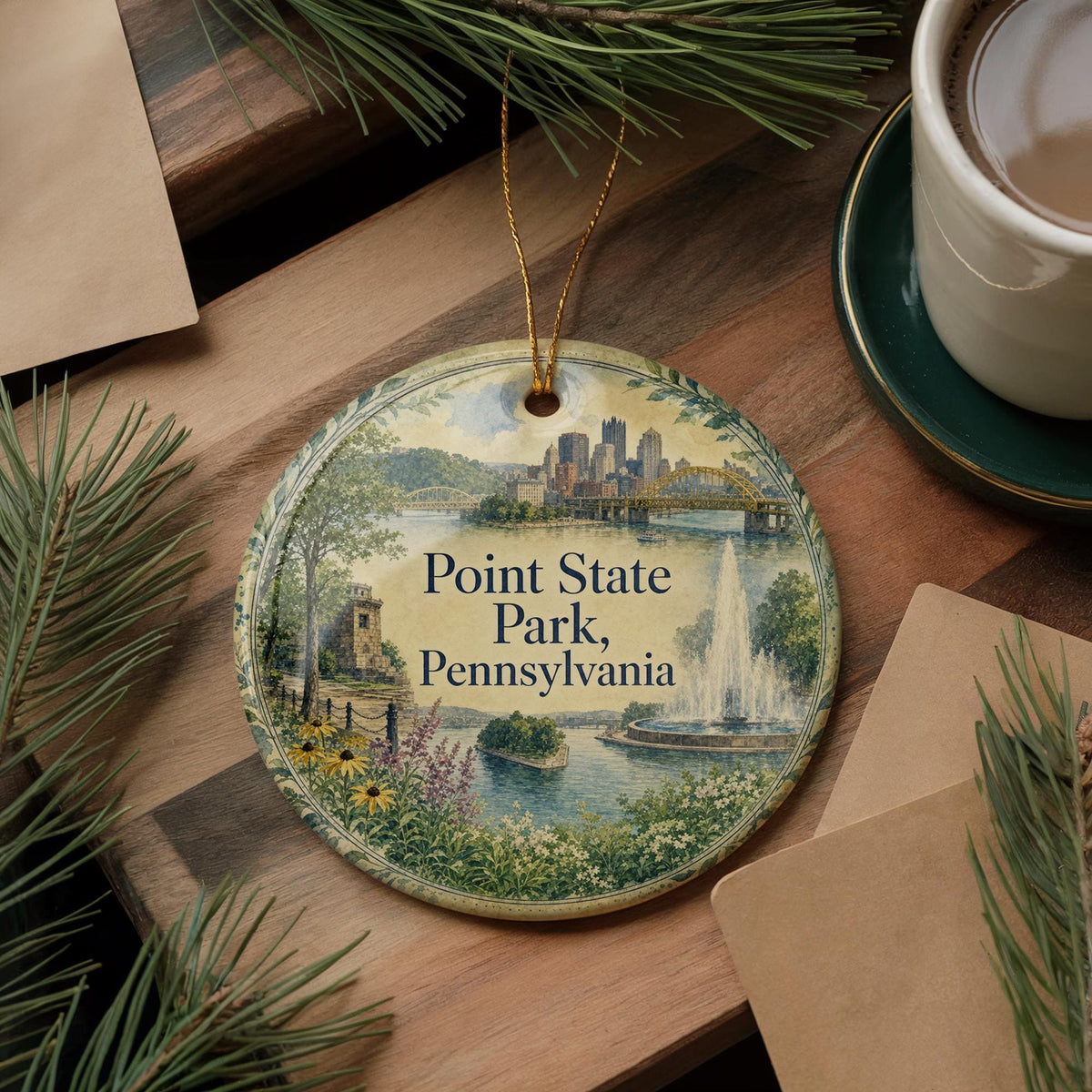 Point State Park Pennsylvania Watercolor Ceramic Ornament, Pittsburgh PA Park Landmark Souvenir, Travel Keepsake Gift — photo 5