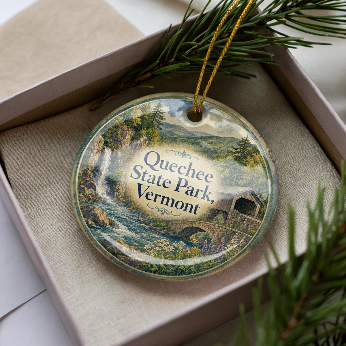 Quechee State Park Vermont Watercolor Ceramic Ornament, Quechee Gorge Souvenir, Vermont State Park Keepsake, New England Travel Gift — photo 3