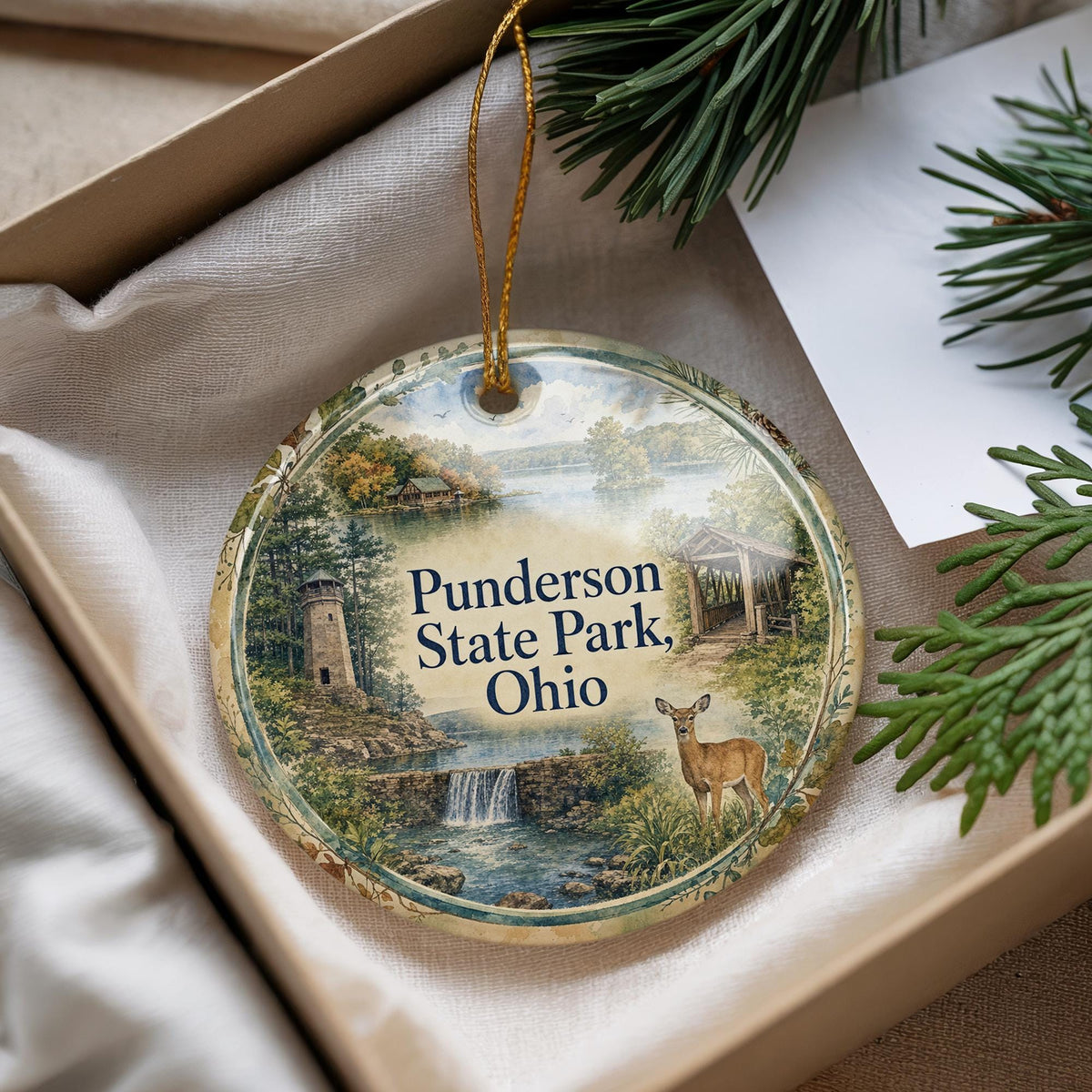 Punderson State Park Ohio Watercolor Ceramic Ornament, Geauga County State Park Souvenir, Ohio Travel Keepsake Gift — photo 4