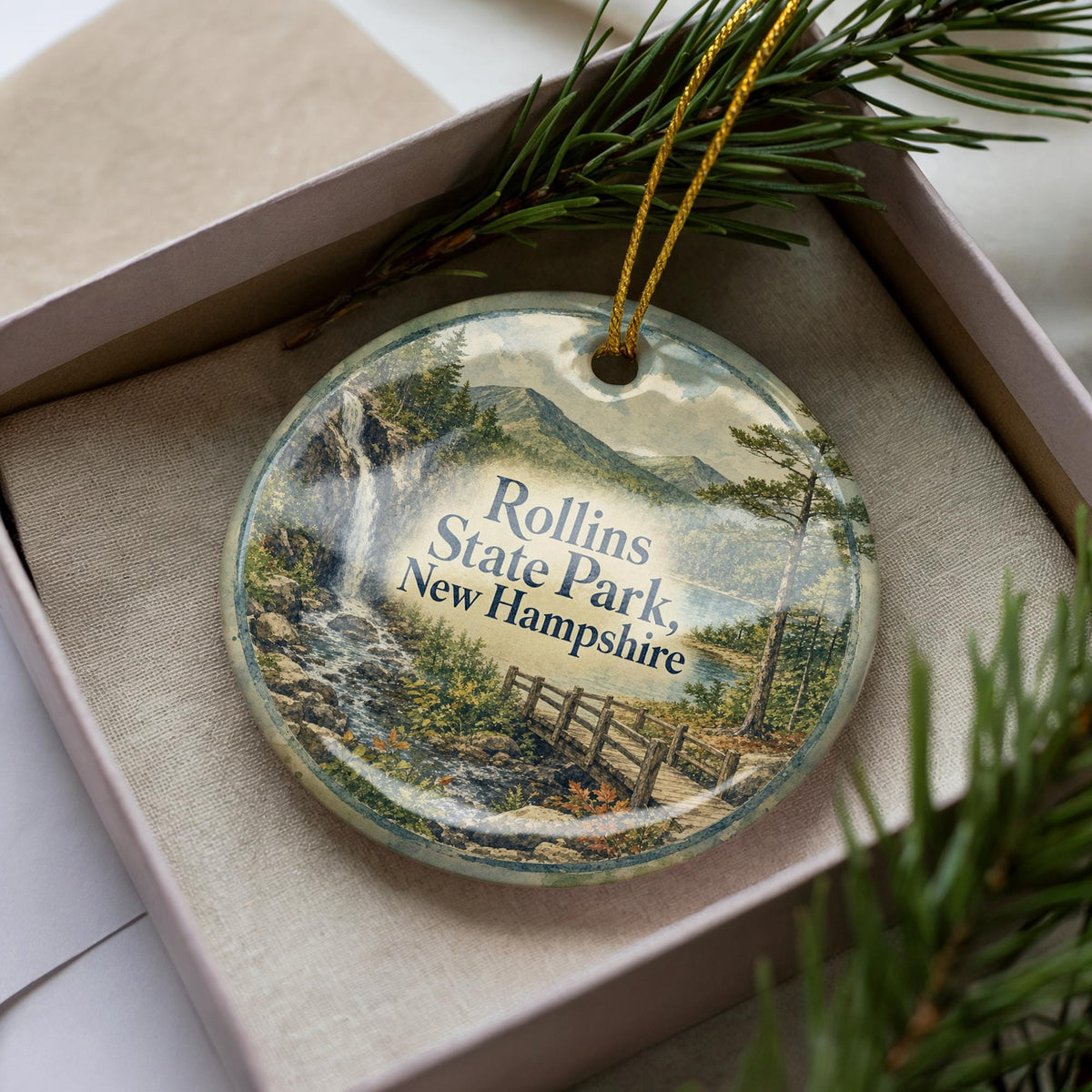 Rollins State Park New Hampshire Watercolor Ceramic Ornament, Mount Kearsarge Scenic Souvenir Gift, NH State Park Keepsake — photo 1
