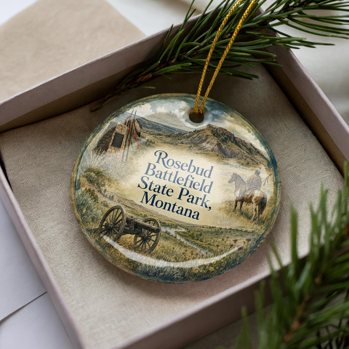 Rosebud Battlefield State Park Montana Watercolor Ceramic Ornament, Historic Battlefield Landmark Souvenir Keepsake Gift — photo 1