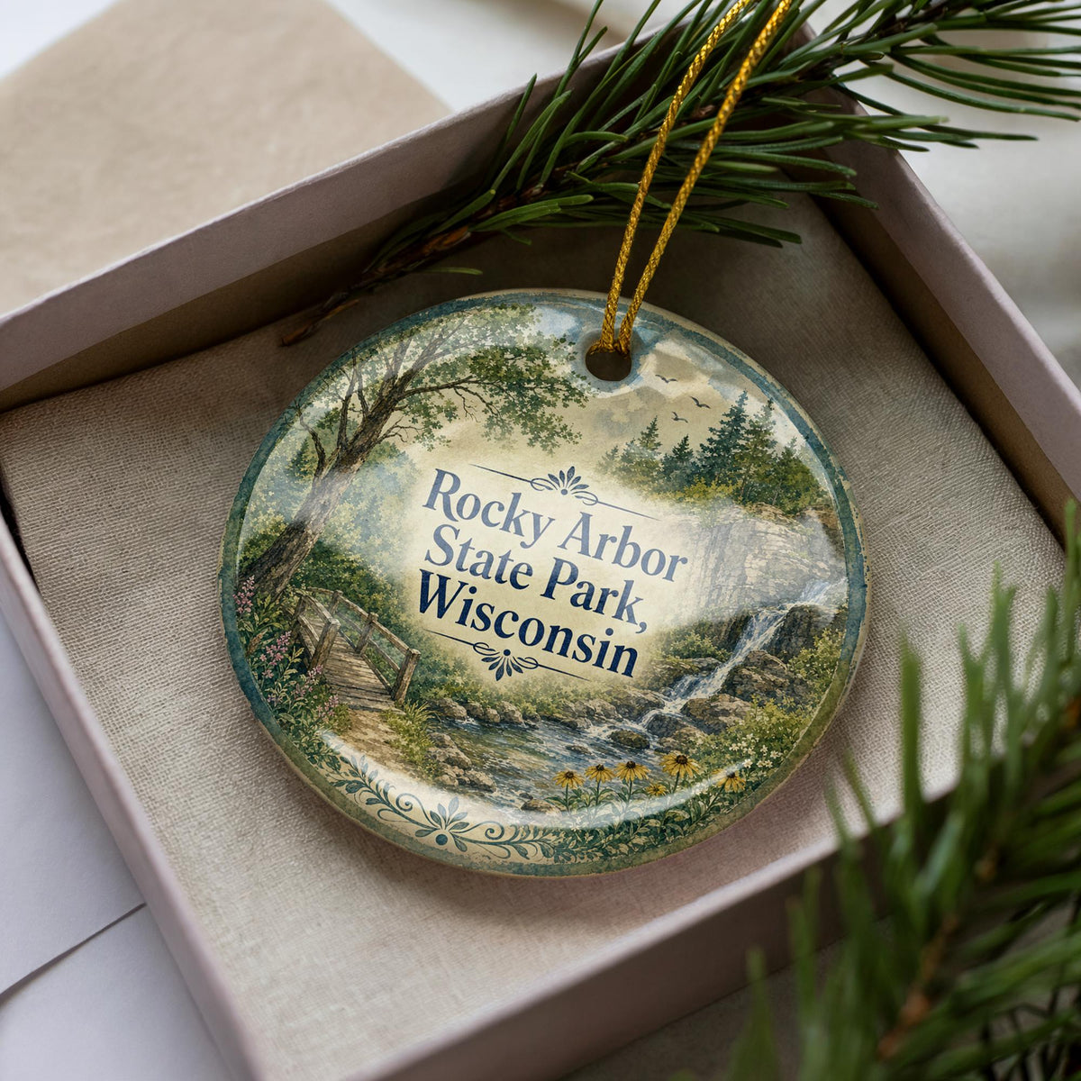 Rocky Arbor State Park Wisconsin Watercolor Ceramic Ornament, Dells Nature Landscape Souvenir Christmas Tree Decoration — photo 2