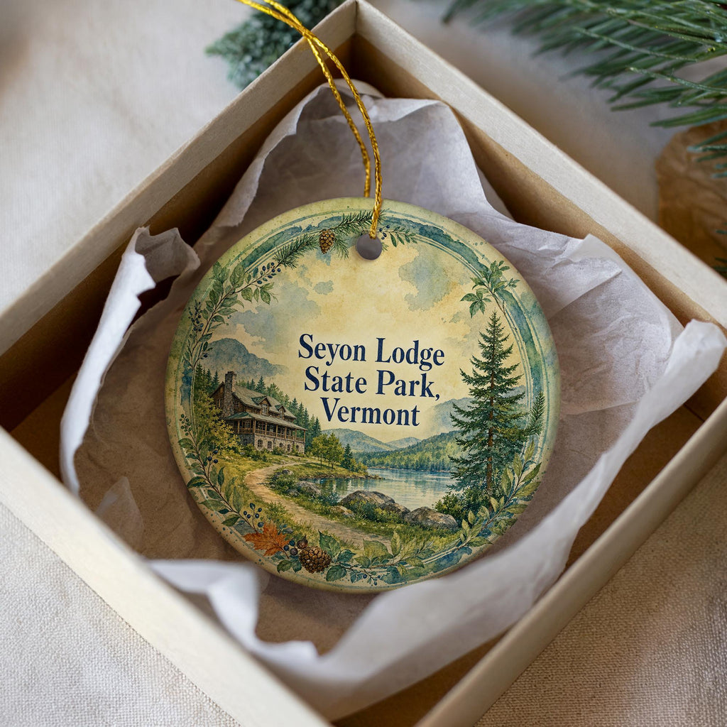 Seyon Lodge State Park Vermont Ceramic Ornament, Watercolor Vermont State Park Souvenir, Lake & Forest Travel Keepsake Gift — photo 1