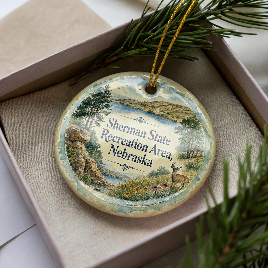 Sherman State Recreation Area Nebraska Watercolor Ceramic Ornament, Nebraska State Park Souvenir, Outdoor Lake Camping Gift — photo 1